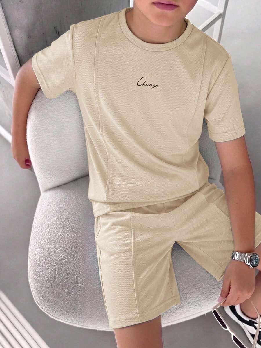 2pcs Boys Script Embroidered Tee & Shorts Set - Buff | 21 Century Kids