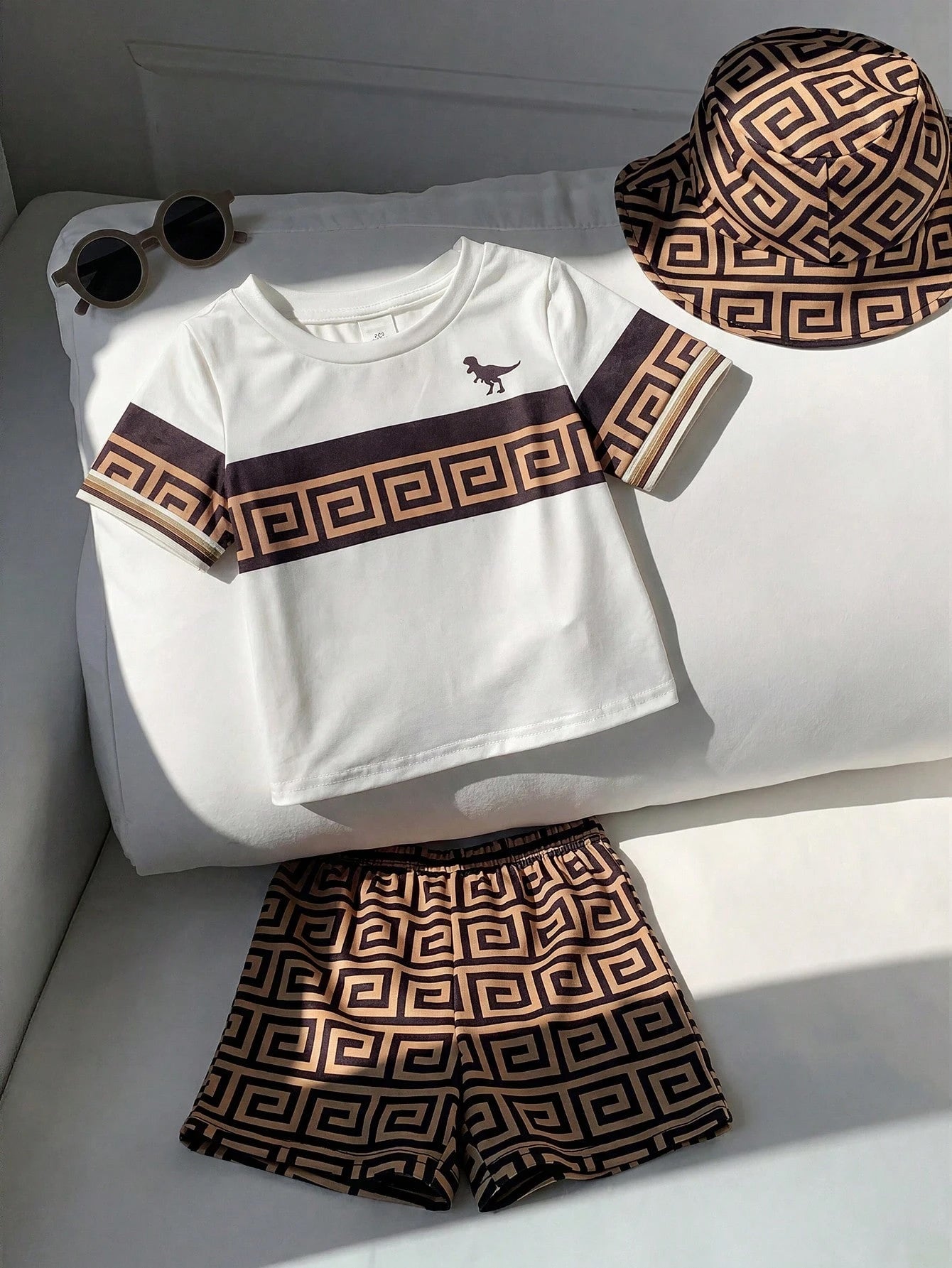 Boys Greek Key Print Tee, Shorts & Bucket Hat Set - Ivory