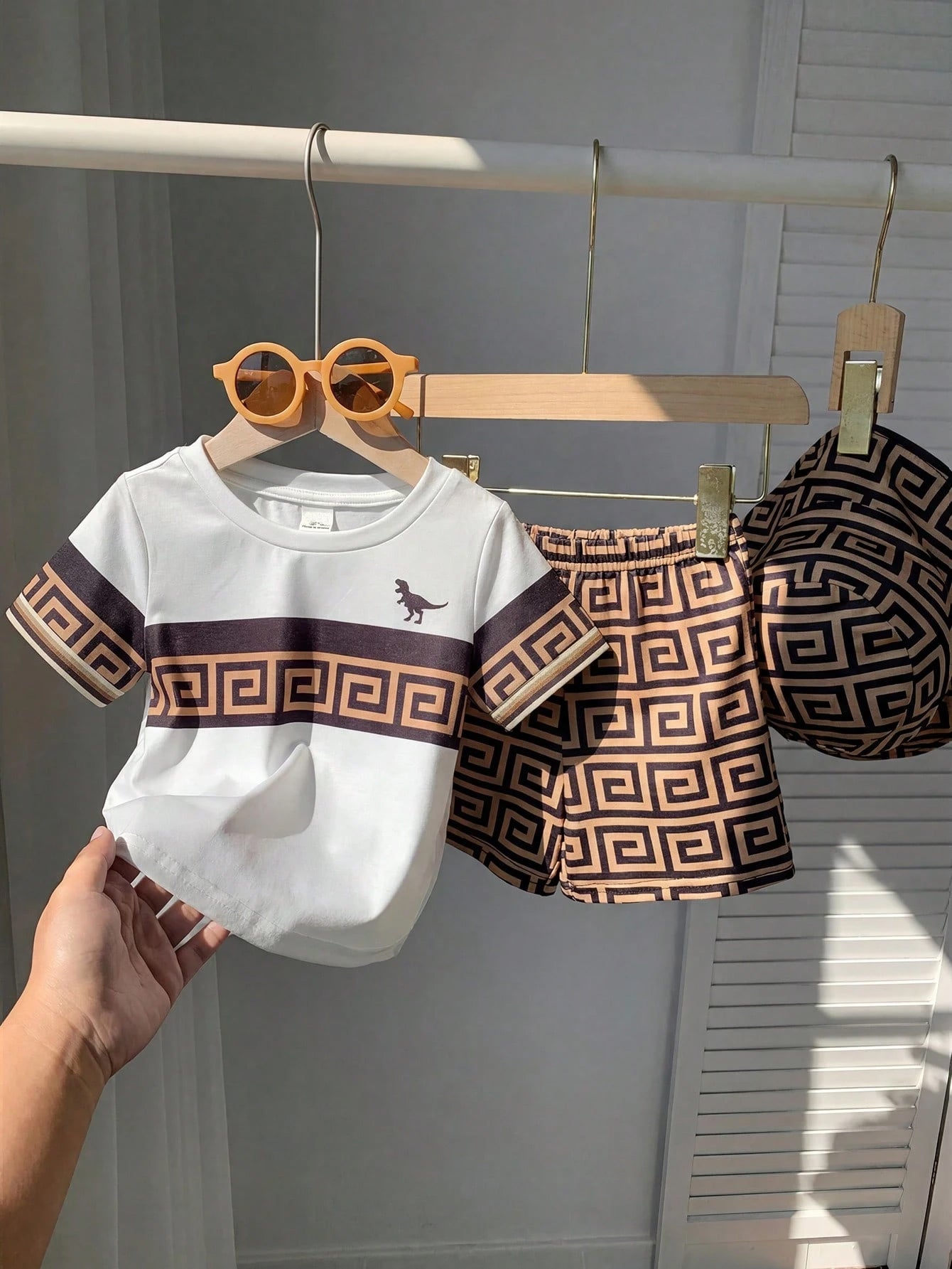 Boys Greek Key Print Tee, Shorts & Bucket Hat Set - Ivory