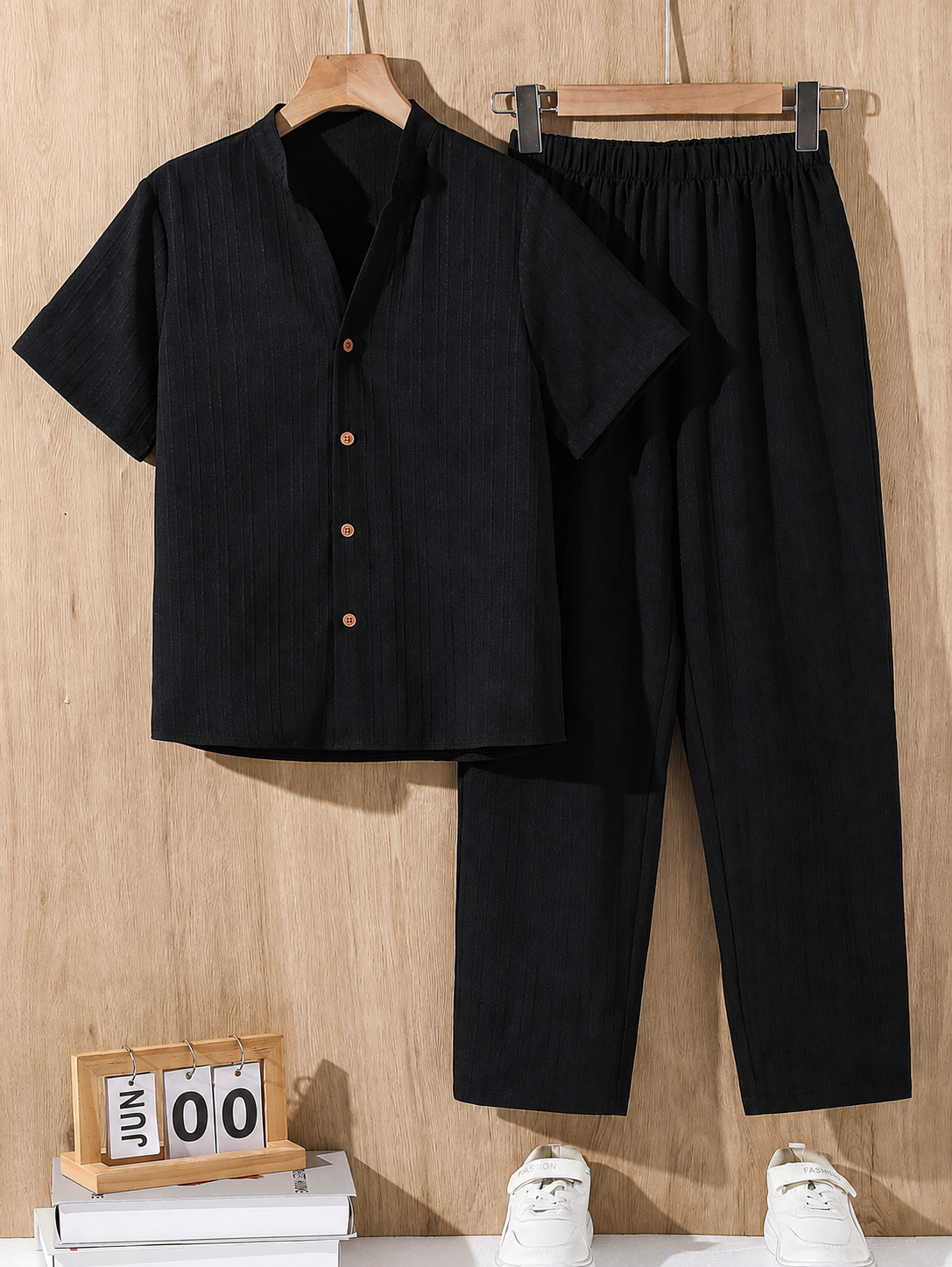2pcs Boys Textured Linen Shirt & Straight Trousers Set - Onyx