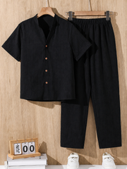 2pcs Boys Textured Linen Shirt & Straight Trousers Set - Onyx