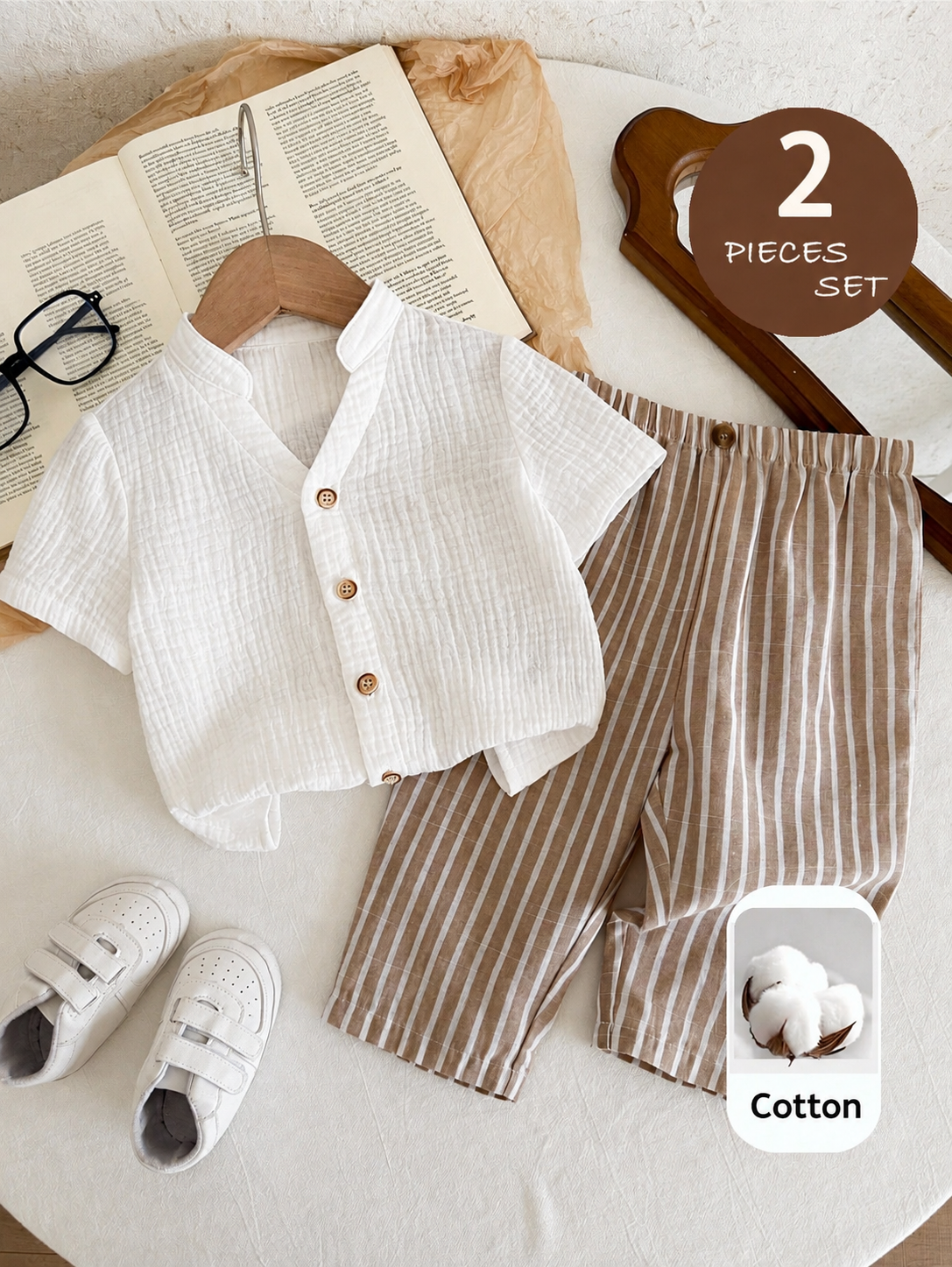 2pcs Boys Mandarin Collar Shirt & Striped Trousers Set - Ivory