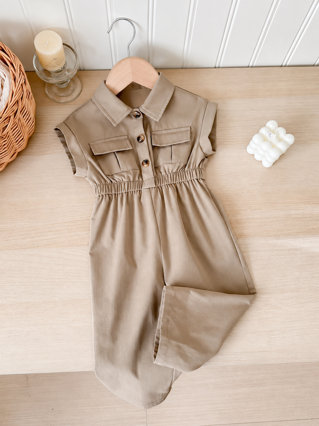 Girls Safari Collar Button-Front Cinched Waist Jumpsuit - Buff