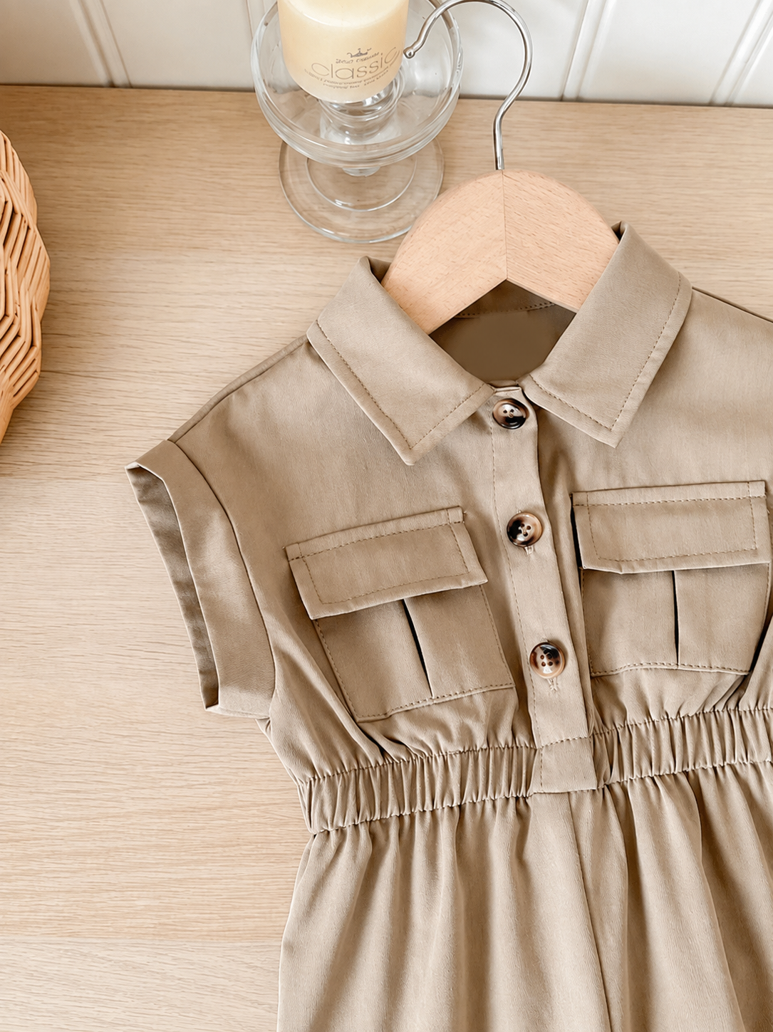 Girls Safari Collar Button-Front Cinched Waist Jumpsuit - Buff
