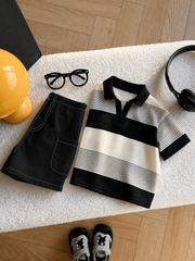2pcs Boys Striped Polo Shirt & Shorts Set - Ecru