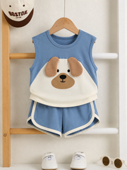 2pcs Boys Puppy Appliqué Sleeveless Vest & Shorts Set - Slate