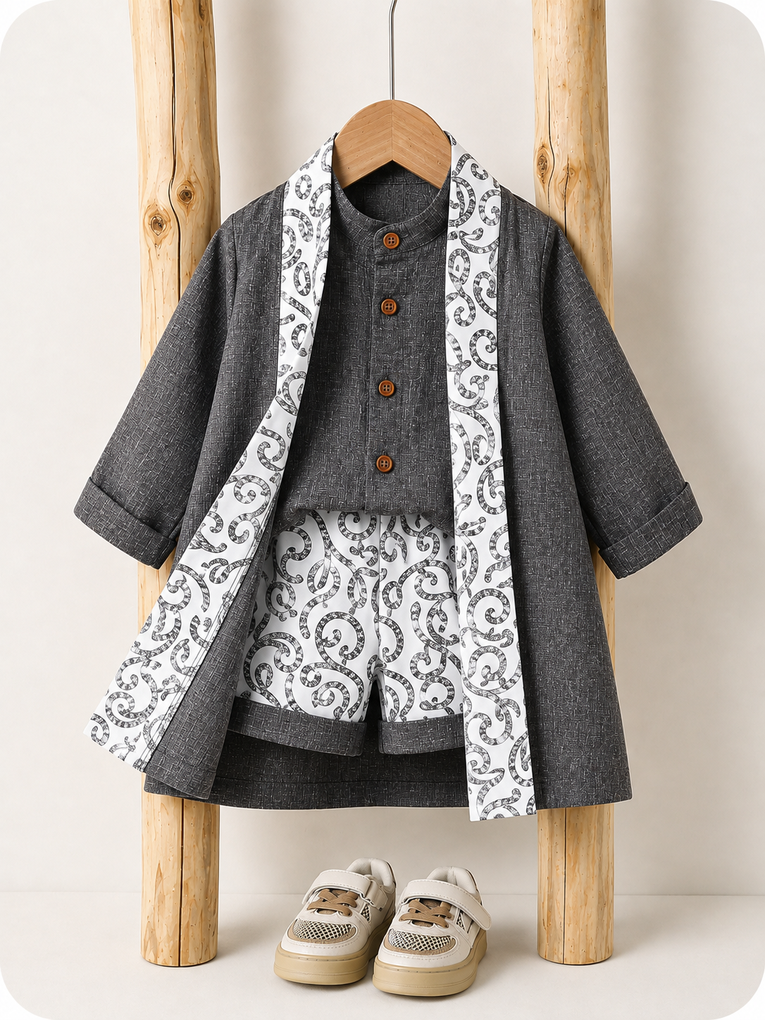 3pcs Boys Scrollwork Print Cardigan, Shirt & Shorts Set - Slate