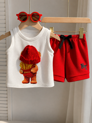 2pcs Boys Teddy Bear Graphic Tank Top & Shorts Set - Ivory