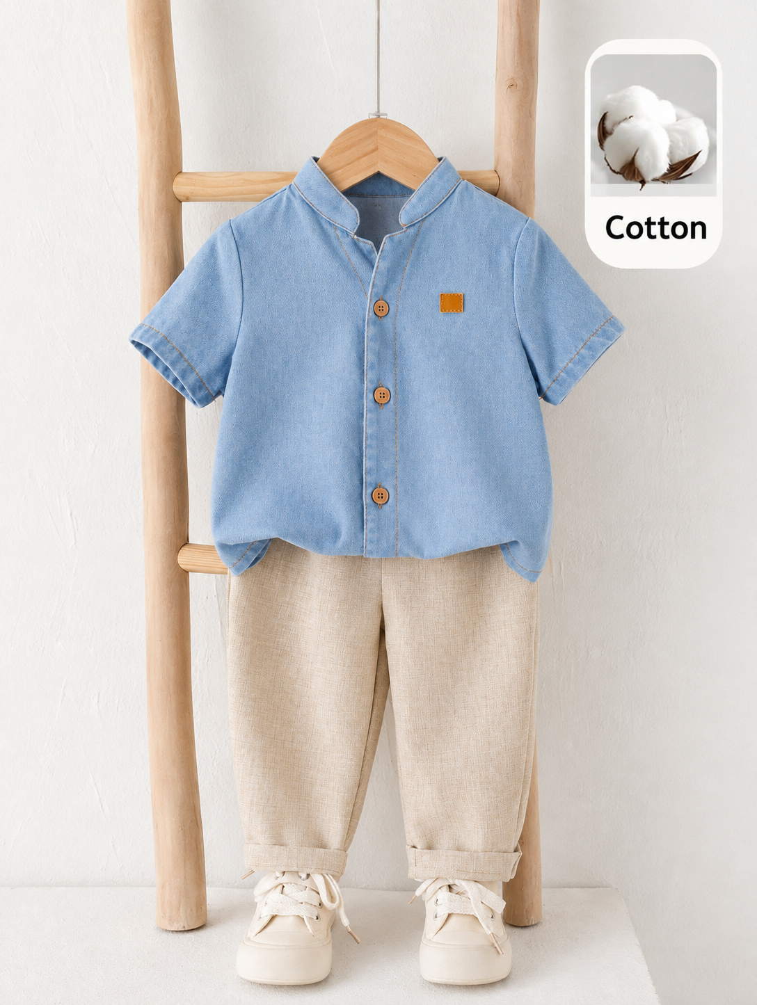 2pcs Boys Mandarin Collar Denim Shirt & Linen Trousers Set - Cerulean