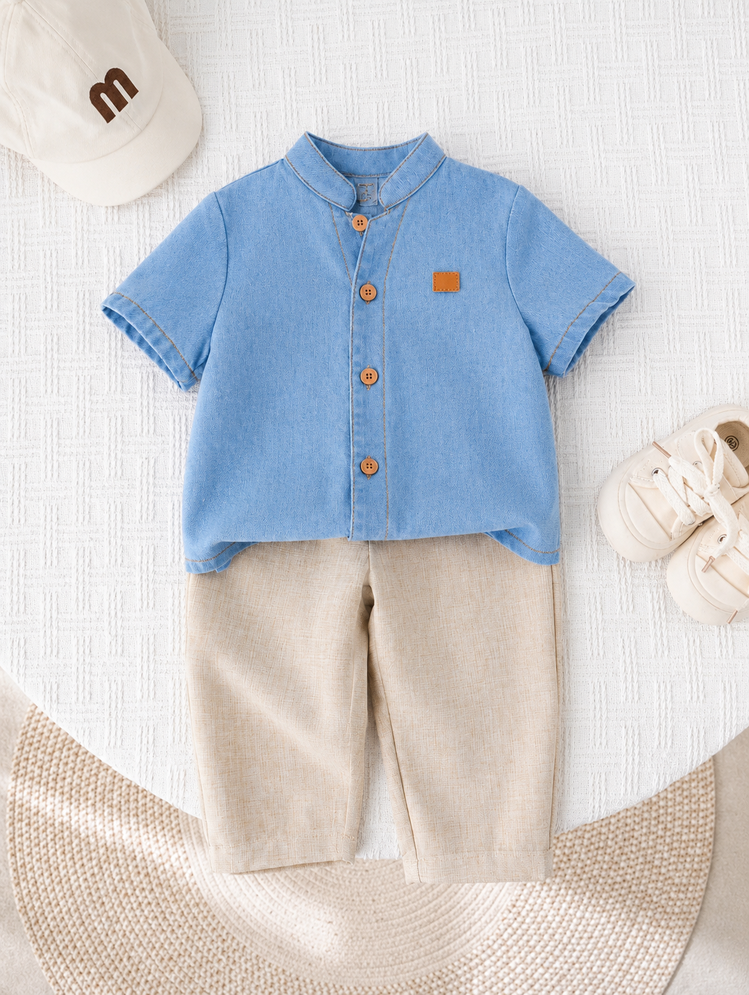 2pcs Boys Mandarin Collar Denim Shirt & Linen Trousers Set - Cerulean