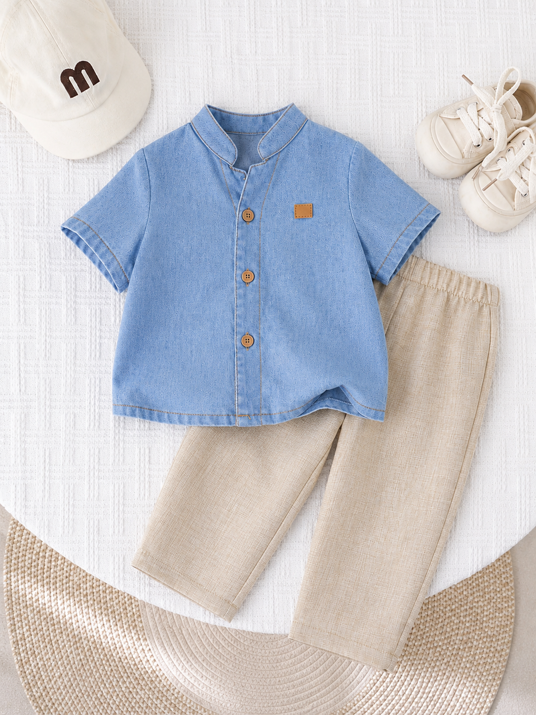 2pcs Boys Mandarin Collar Denim Shirt & Linen Trousers Set - Cerulean
