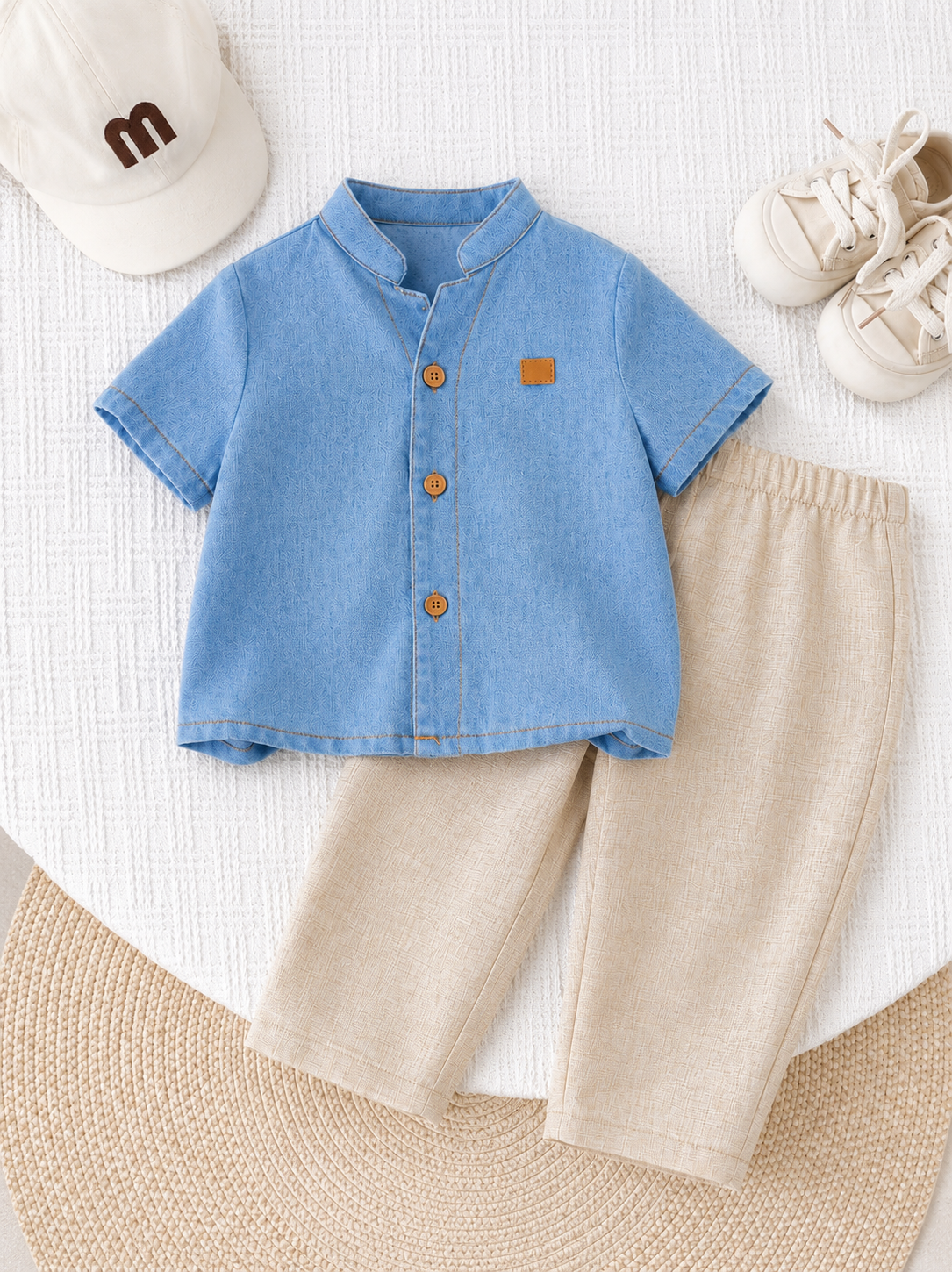 2pcs Boys Mandarin Collar Denim Shirt & Linen Trousers Set - Cerulean