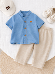 2pcs Boys Mandarin Collar Denim Shirt & Linen Trousers Set - Cerulean