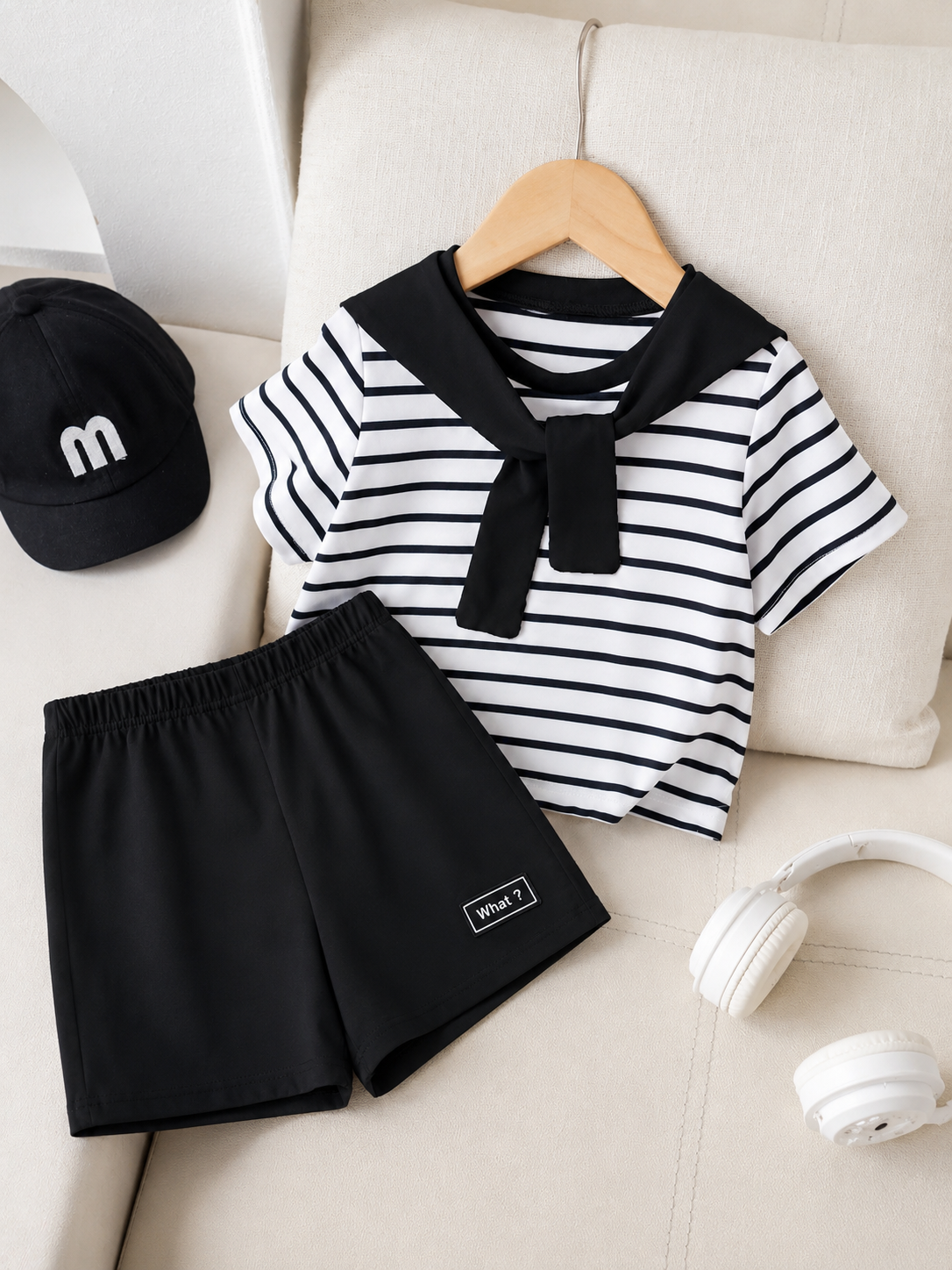 3pcs Unisex Sailor Collar Striped Tee & Shorts Set - Ivory