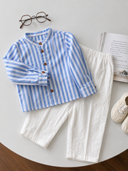2pcs Boys Striped Mandarin Collar Shirt & Trousers Set - Cerulean