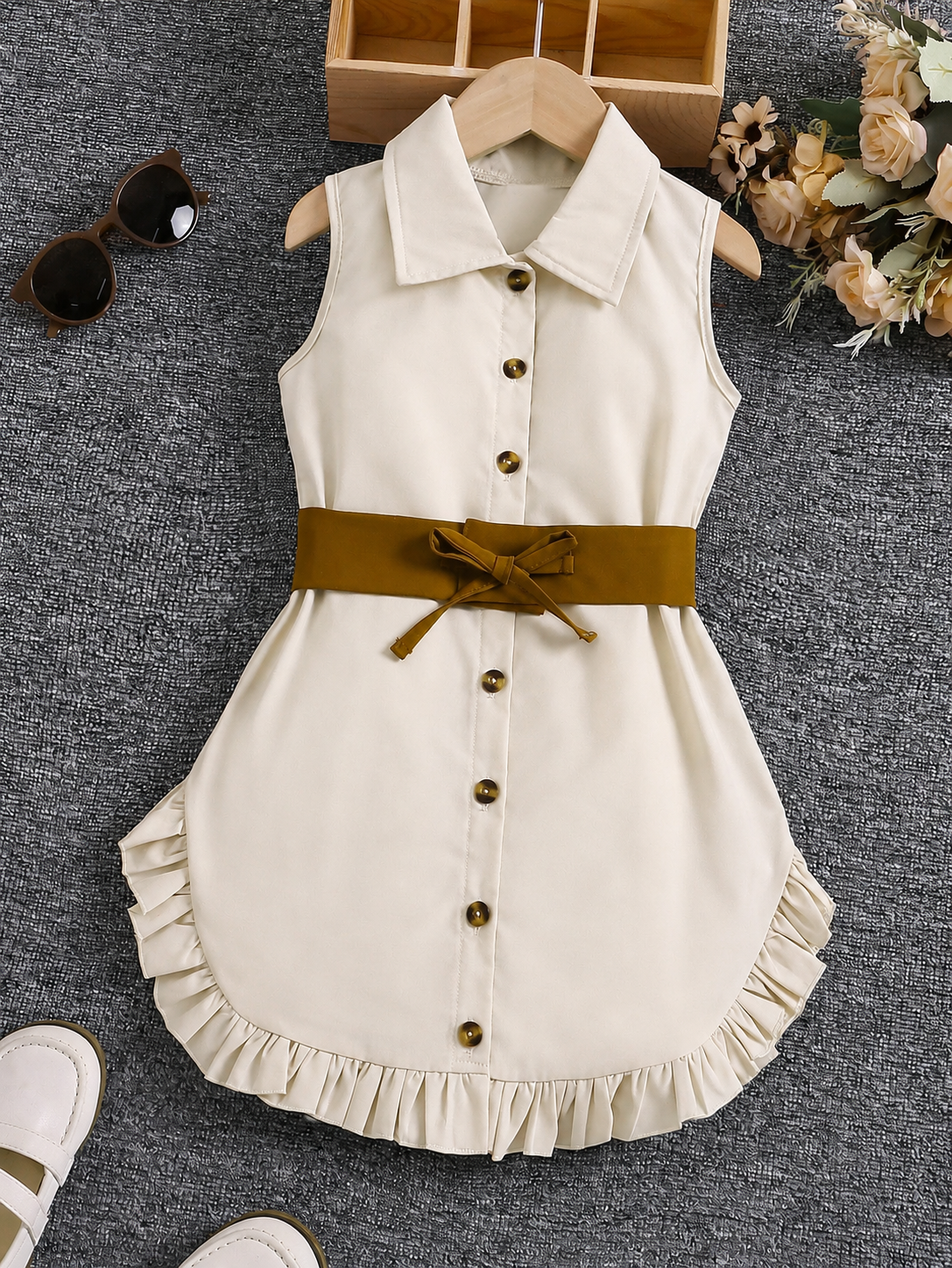 Girls Belted Shirt Dress Ruffle Hem Button Front - Ecru