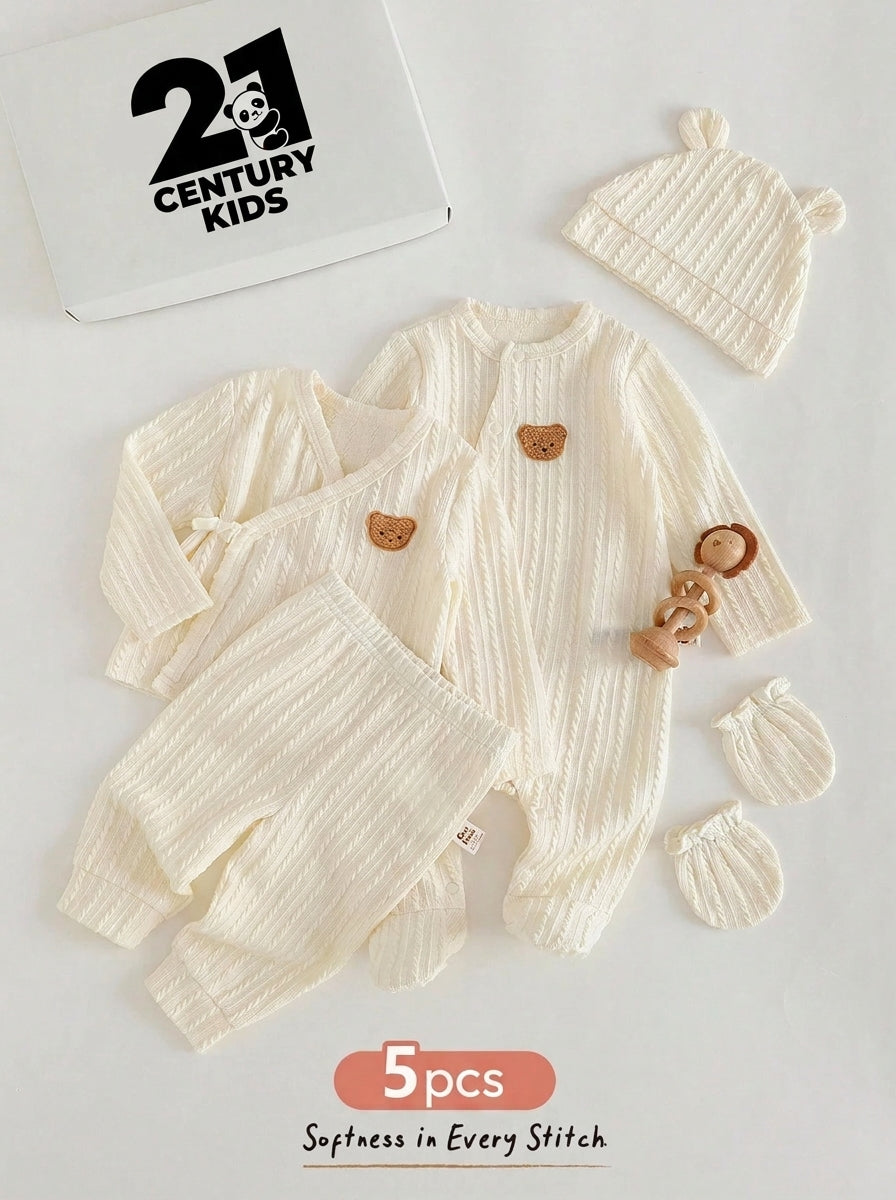 5pcs Baby Boys Bear Patch Cable-Knit Gift Set - Ecru
