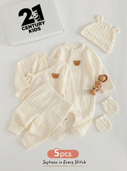 5pcs Baby Boys Bear Patch Cable-Knit Gift Set - Ecru