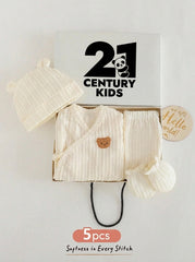 5pcs Baby Boys Bear Patch Cable-Knit Gift Set - Ecru