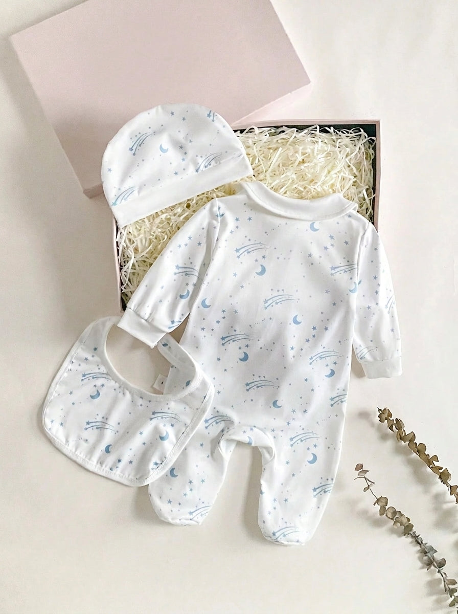 3pcs Baby Boys Celestial Print Peter Pan Collar Sleepsuit Set - Ivory